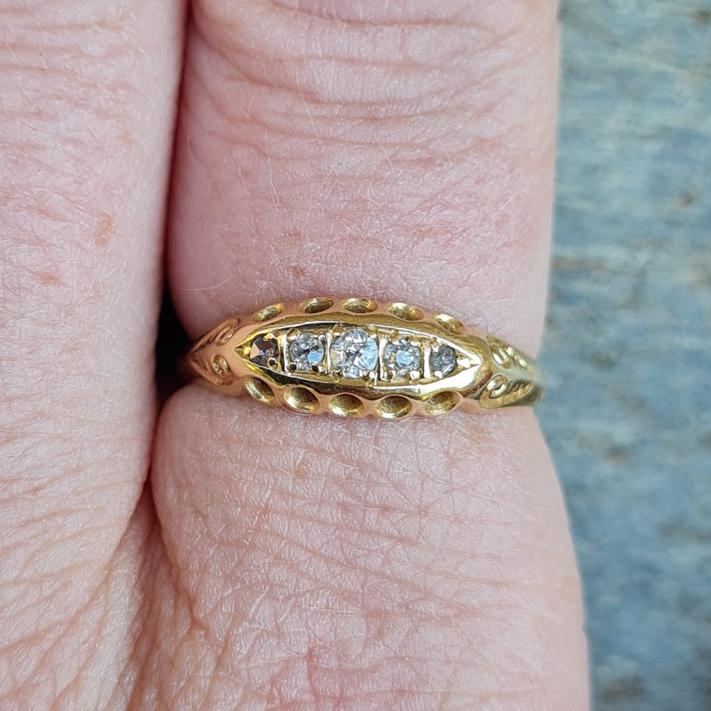 Antique Edwardian 1911 Hallmarked Solid 18ct 18k Gold Diamond Gypsy Boat Ring Size O