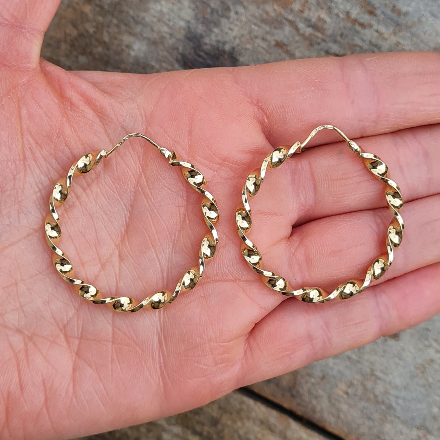 Vintage 1992 Hallmarked Solid 9ct 9k Gold Large Creole Gypsy Twisted Hoop Earrings 3.3g
