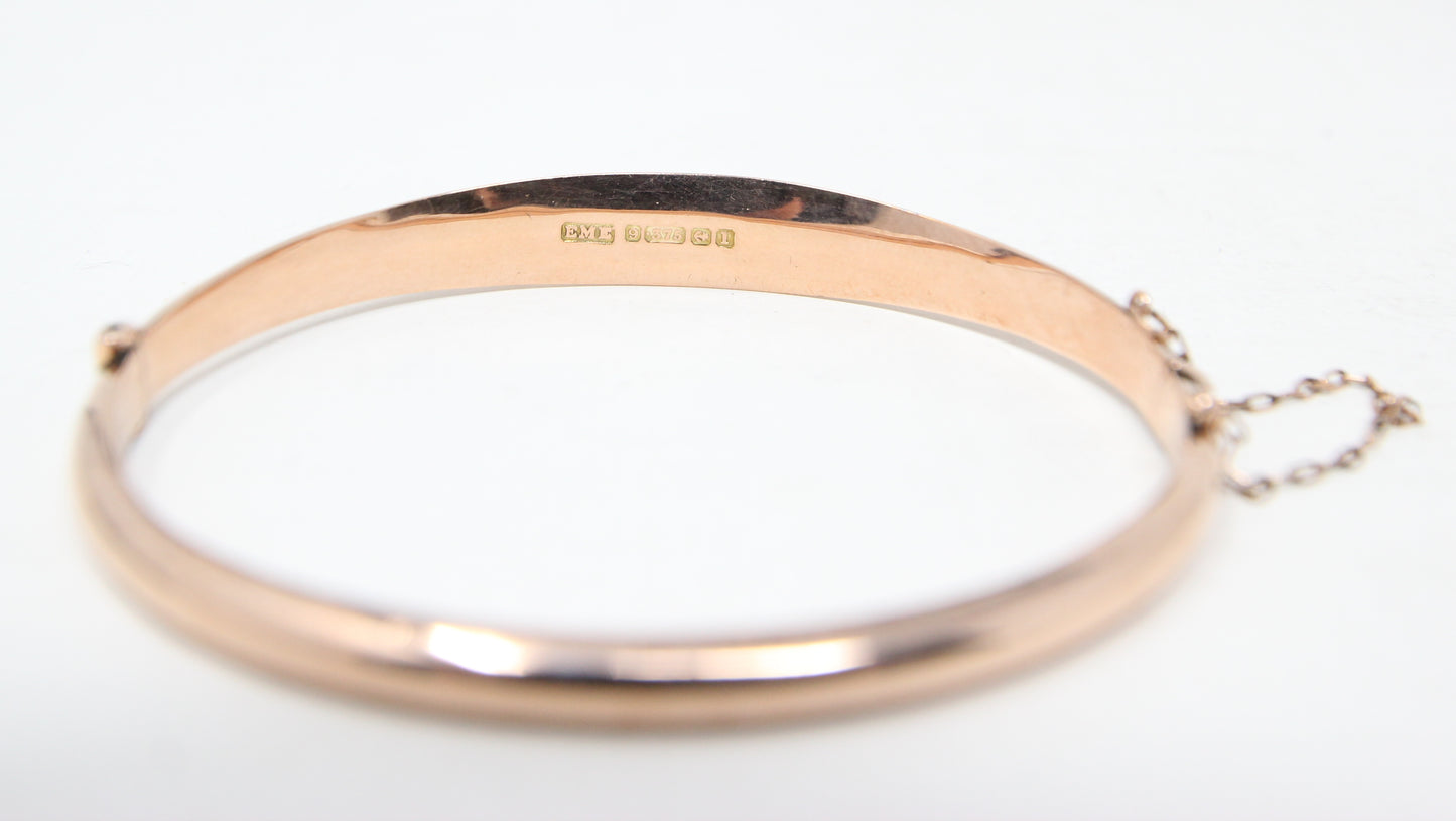 Antique 1910 English Hallmarked Solid 9ct Rose Gold Engraved Bangle Bracelet