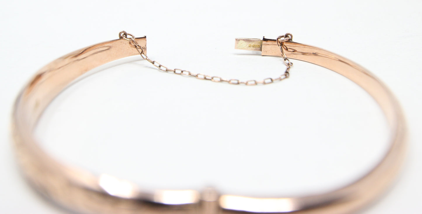 Antique 1910 English Hallmarked Solid 9ct Rose Gold Engraved Bangle Bracelet