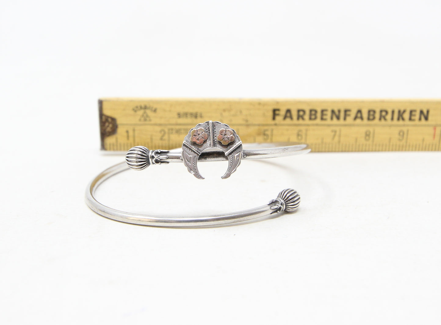 Antique Victorian Solid Sterling Silver 9ct Gold Moon Etruscan Sweetheart Bangle Cuff Bracelet