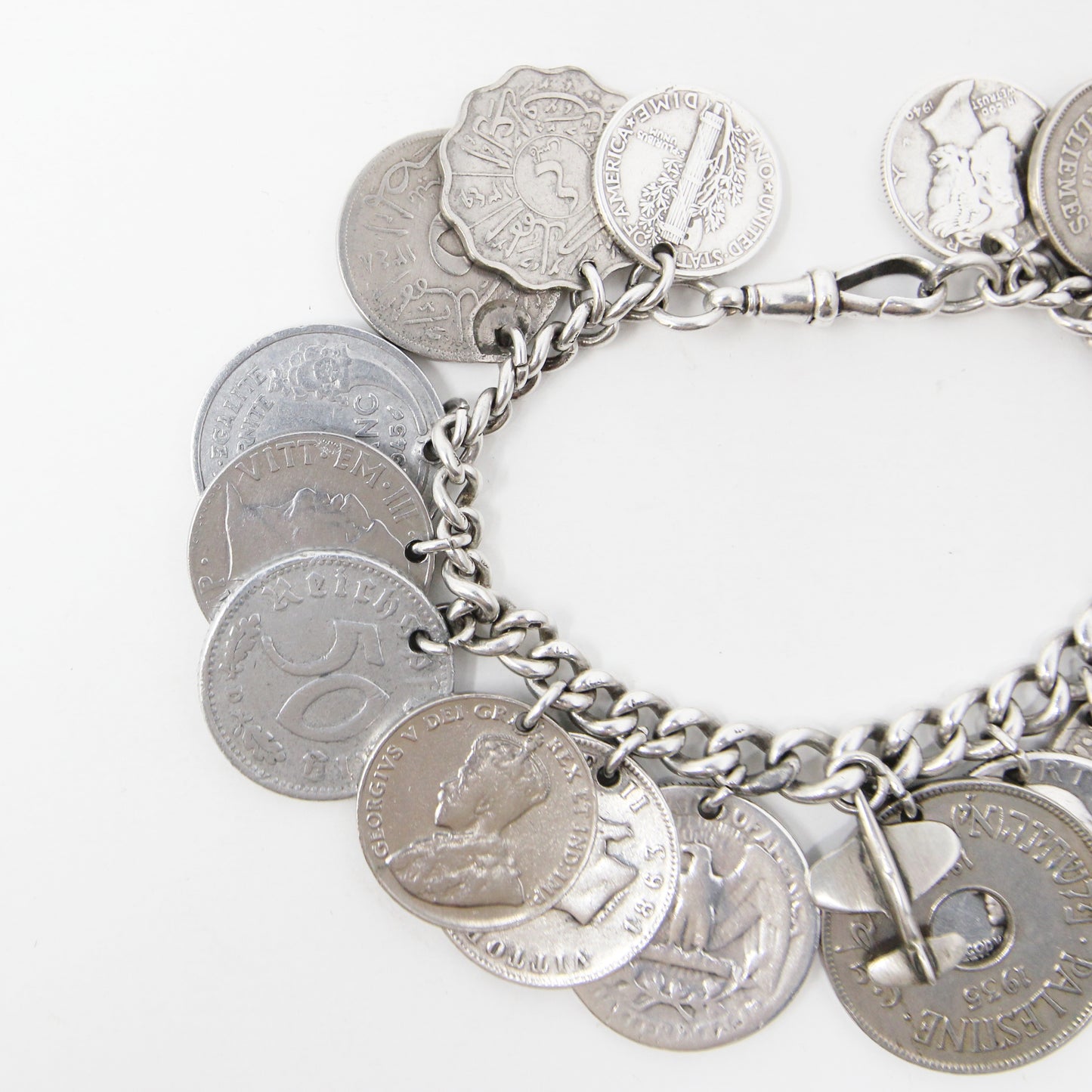 Antique Hallmarked Solid Sterling Silver RAF 1940's WW2 Coin Sweetheart Charm Bracelet 86g