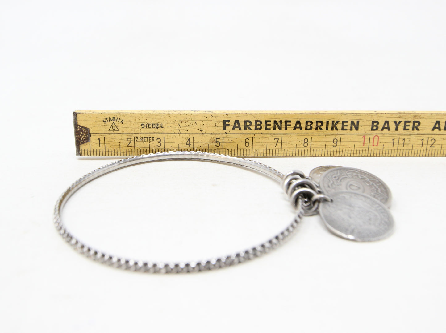 Antique Victorian Solid Sterling Silver Etruscan Coin Charm Bangle Bracelet