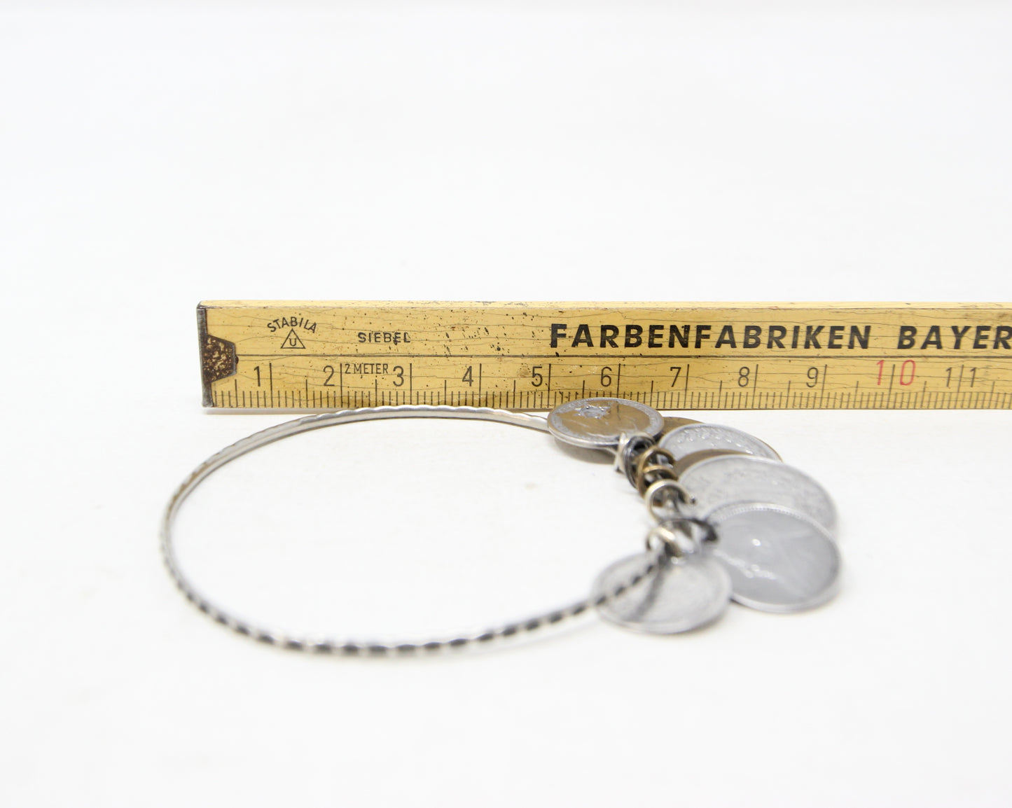 Antique Victorian Solid Sterling Silver Childs Etruscan Coin Charm Bangle Bracelet