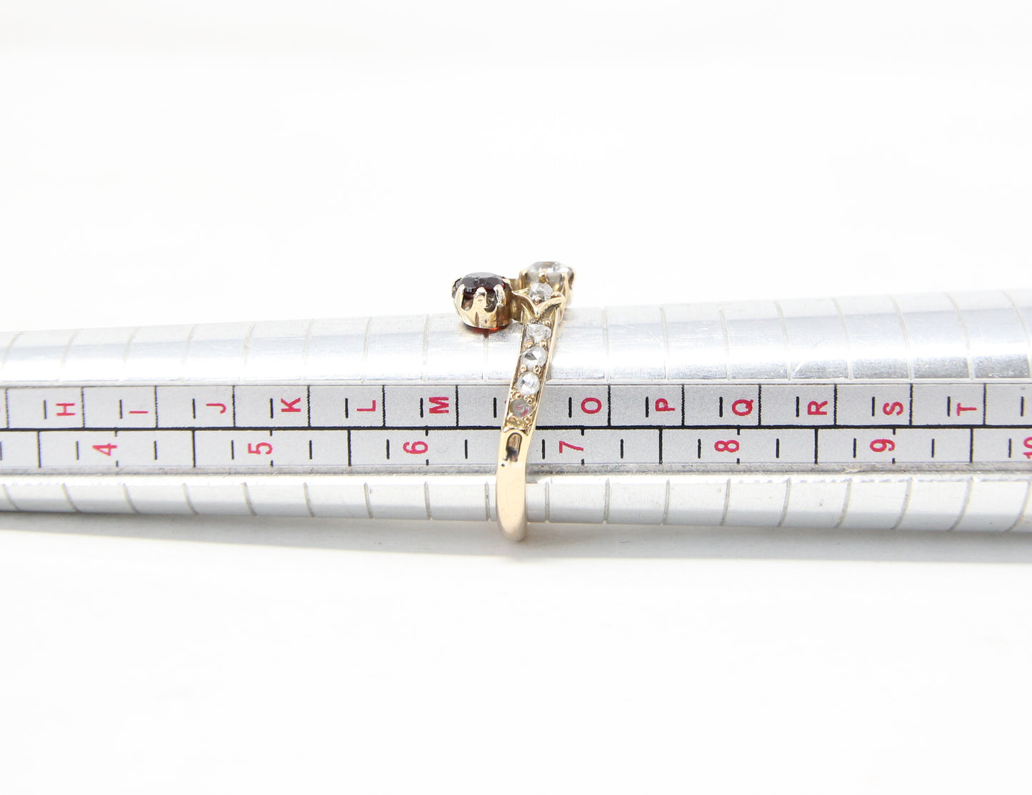 Antique Victorian Solid 15ct 15k Gold Old Cut Diamond Garnet Toi et Moi Ring Size N