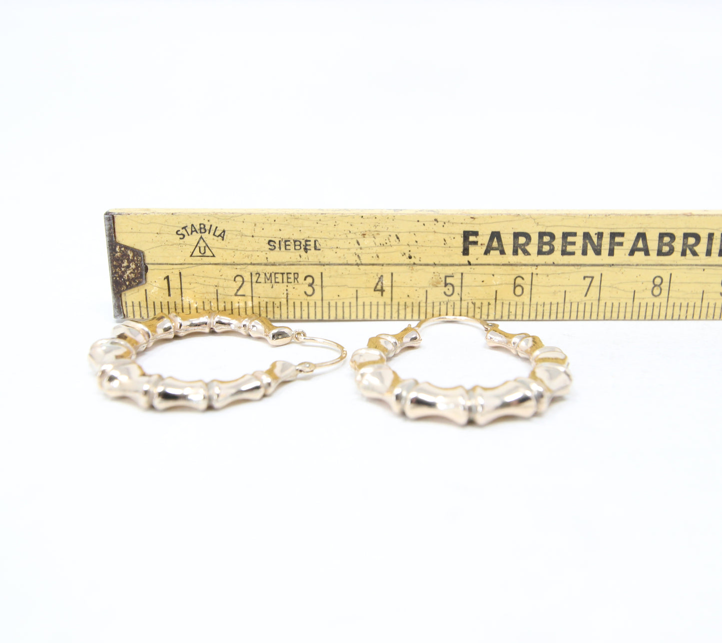 Vintage 1990 English Hallmarked Solid 9ct 9k Gold Large Bamboo Hoop Earrings Hoops