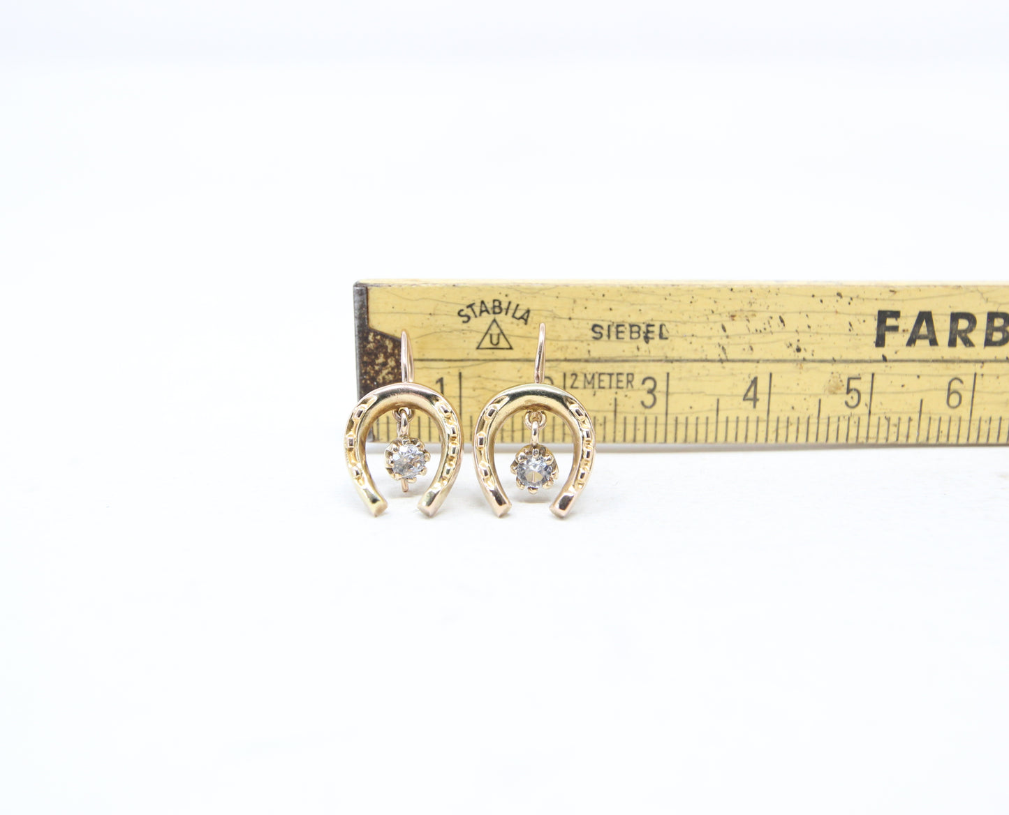Vintage Solid 9ct 9k Gold Horse Shoe Glass Crystal Hook Earrings