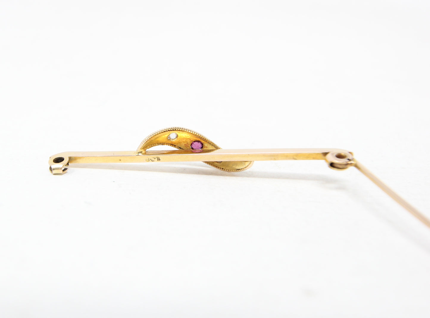 Antique Victorian Hallmarked Solid 9ct 9k Gold Ruby Diamond Gypsy Bar Brooch