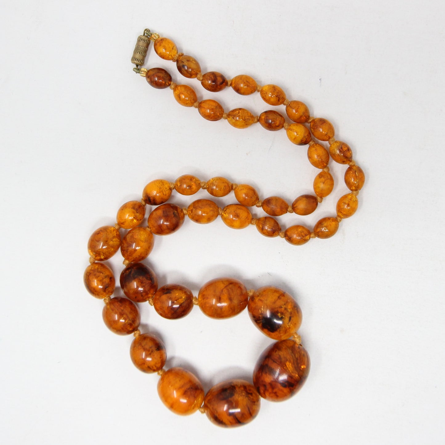 Antique Vintage Art Deco Bakelite Crackle Amber Long Knotted Graduated Bead Necklace