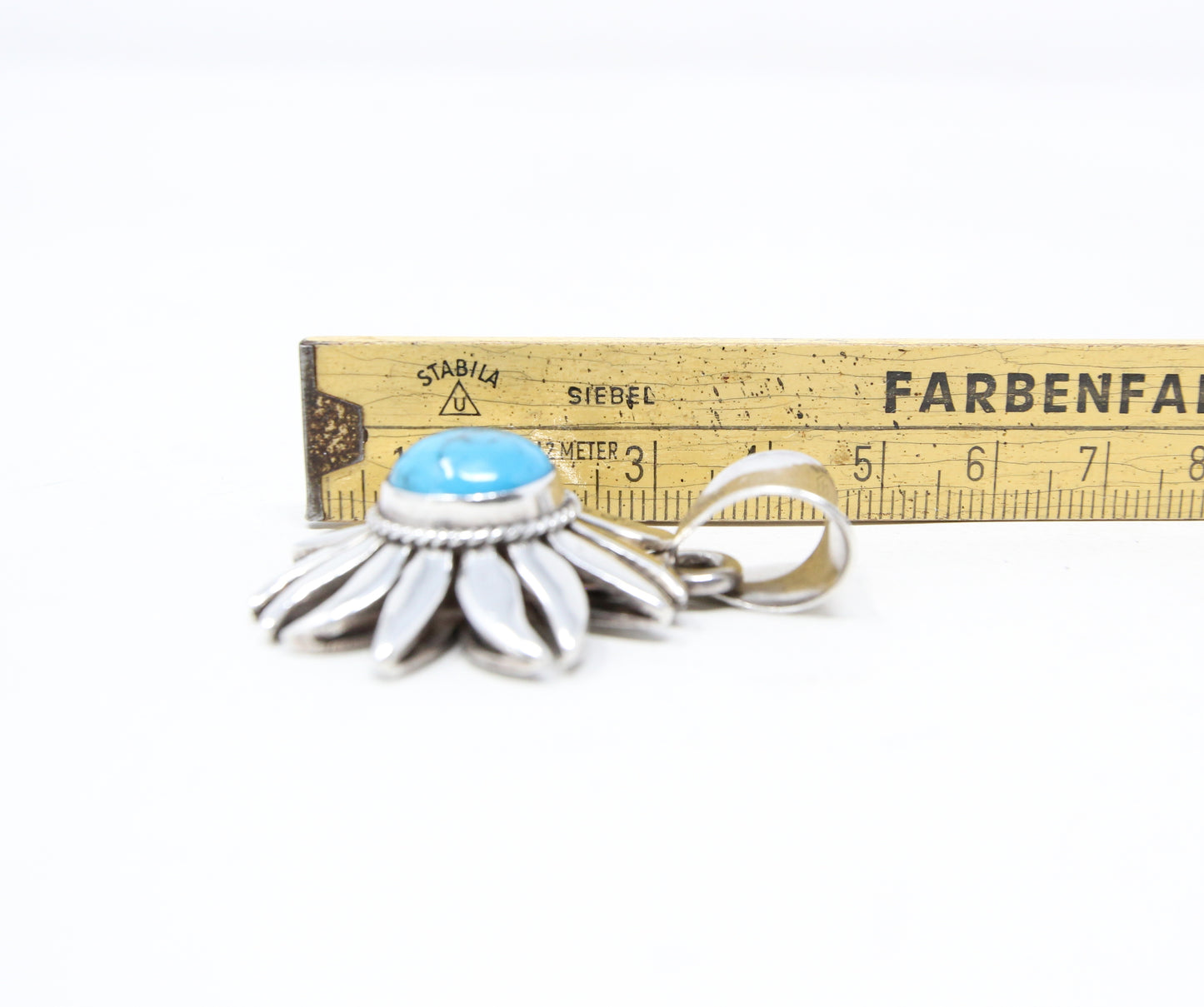 Vintage Hallmarked Large Solid Sterling Silver Turquoise Flower Sun Burst Pendant 14.5g Navajo