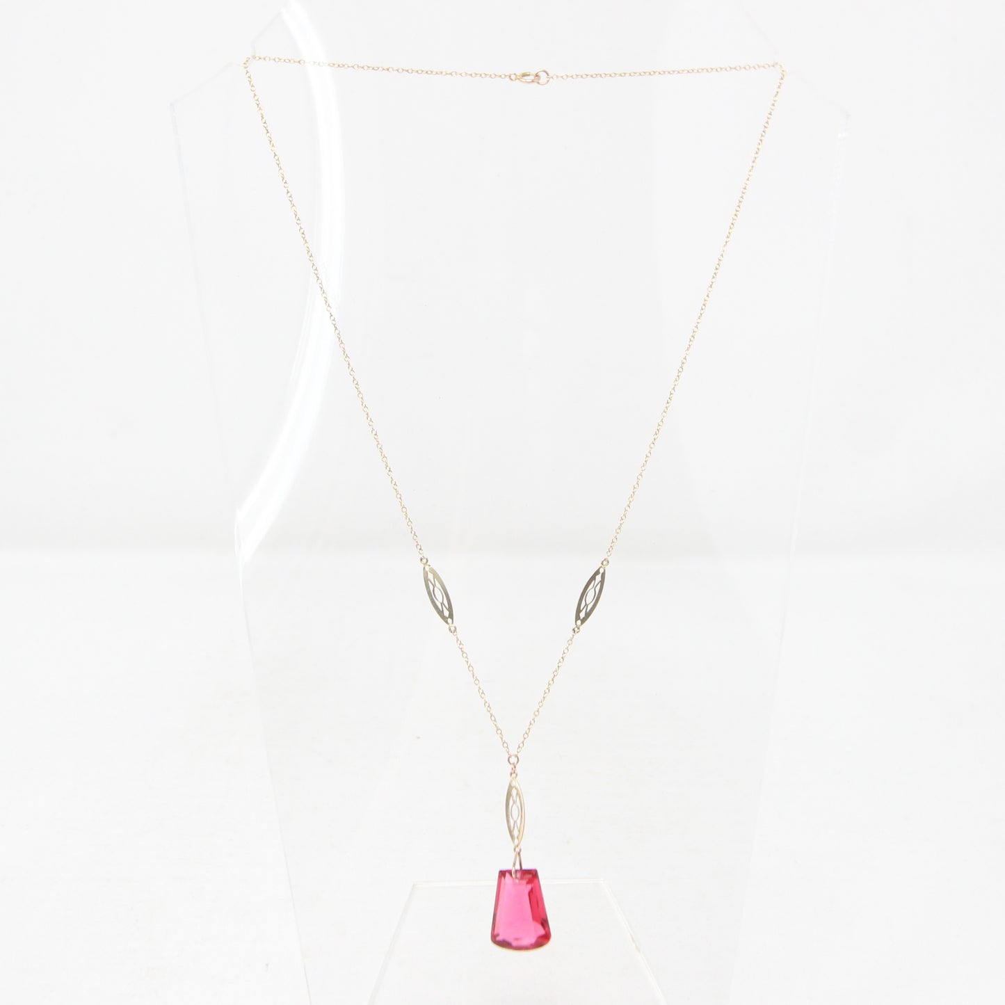 Antique Art Deco Solid 9ct 9k Gold Cable Chain Cherry Glass Paste Pendant Necklace 17.25''