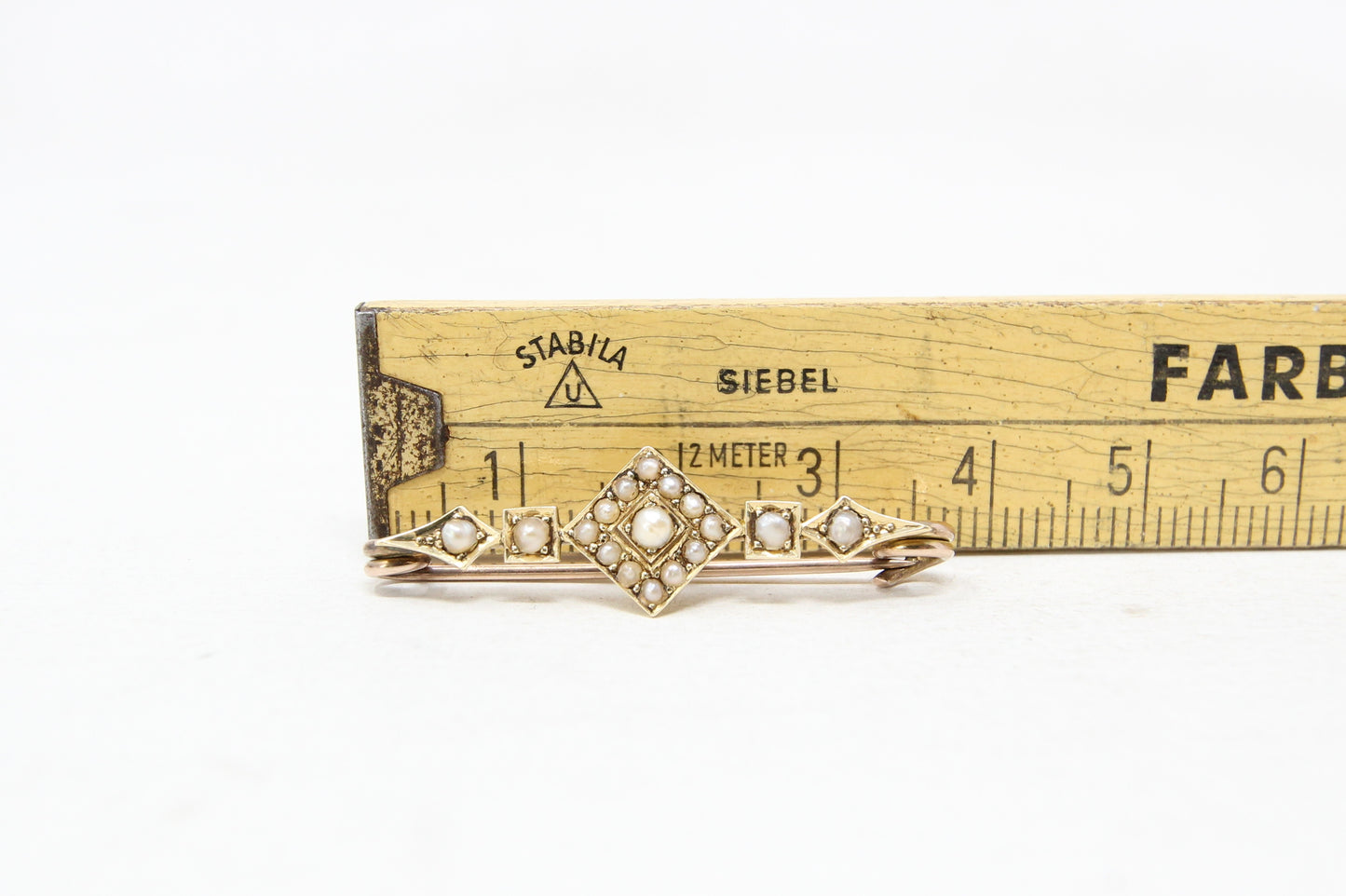 Antique Victorian Solid 9ct 9k Gold Seed Pearl Bar Gypsy Brooch Safety Pin