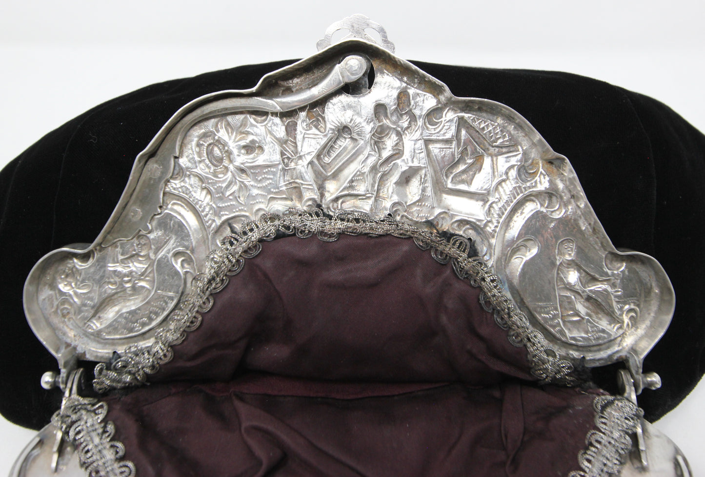 Antique Dutch 1823 Hallmarked Solid Silver Large Religious Black Velvet Frame Hand bag