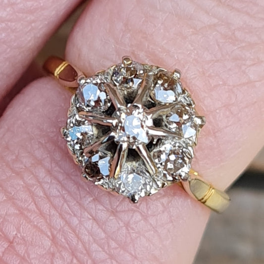 Antique Victorian Solid 18ct 18k Gold 0.6Ct Champagne Diamond Cluster Daisy Ring Size O