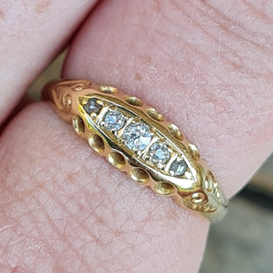 Antique Edwardian 1911 Hallmarked Solid 18ct 18k Gold Diamond Gypsy Boat Ring Size O