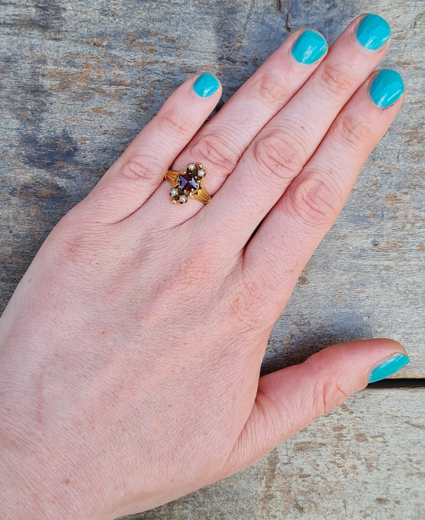 Antique Victorian Solid 9ct 9k Gold Garnet Seed Pearl Navette Ring Size J 1/2