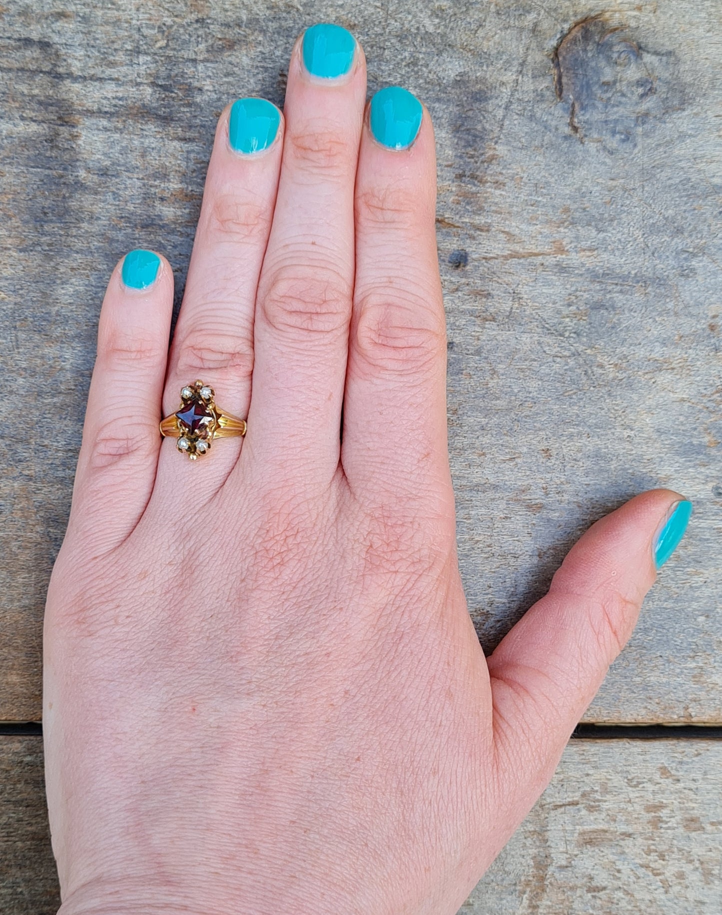 Antique Victorian Solid 9ct 9k Gold Garnet Seed Pearl Navette Ring Size J 1/2