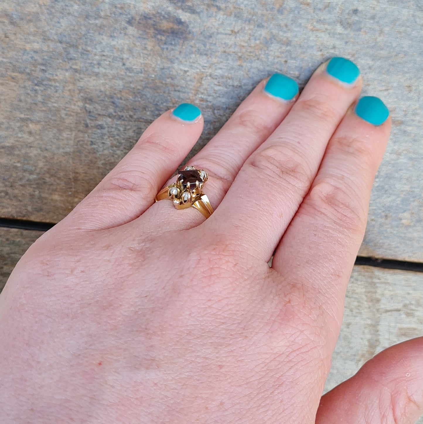 Antique Victorian Solid 9ct 9k Gold Garnet Seed Pearl Navette Ring Size J 1/2