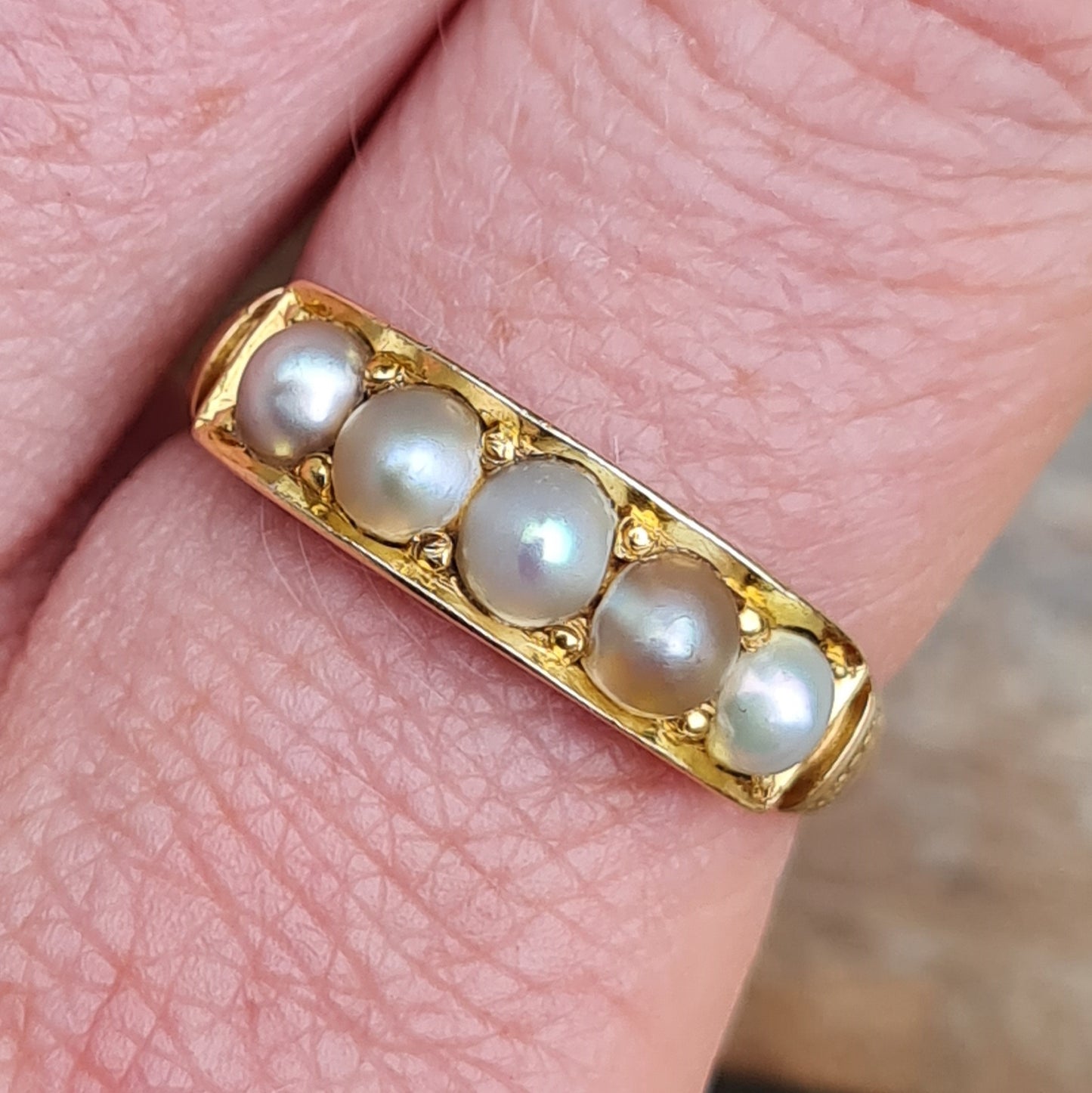 Antique Victorian 1864 Hallmarked Solid 18ct 18k Gold 5 Real Pearl Ring Size Q