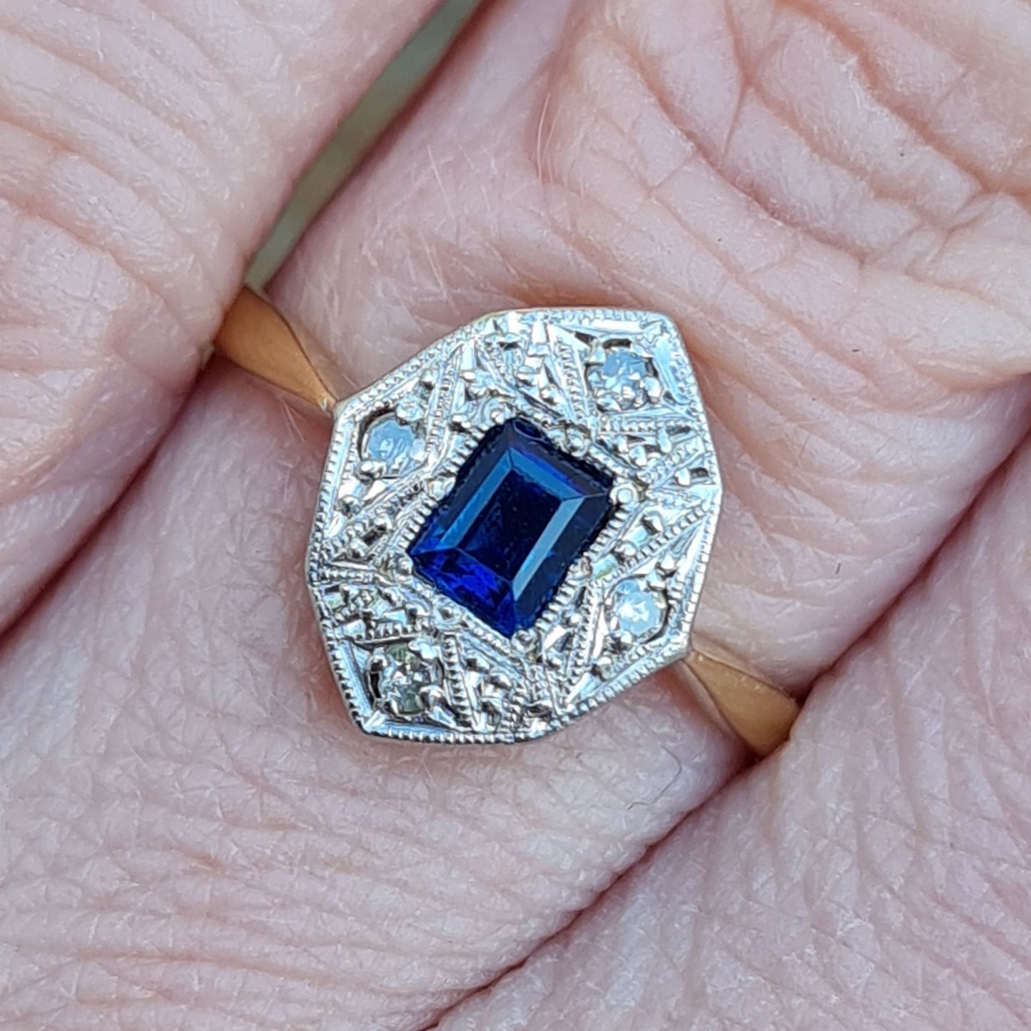 Antique Vintage Art Deco Solid 18ct 18k Gold 0.6Ct Ceylon Sapphire Diamond Ring Size L 1/2