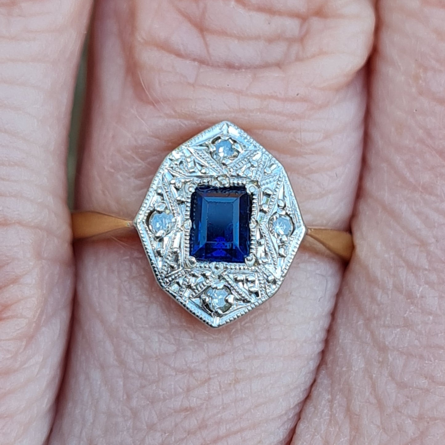 Antique Vintage Art Deco Solid 18ct 18k Gold 0.6Ct Ceylon Sapphire Diamond Ring Size L 1/2