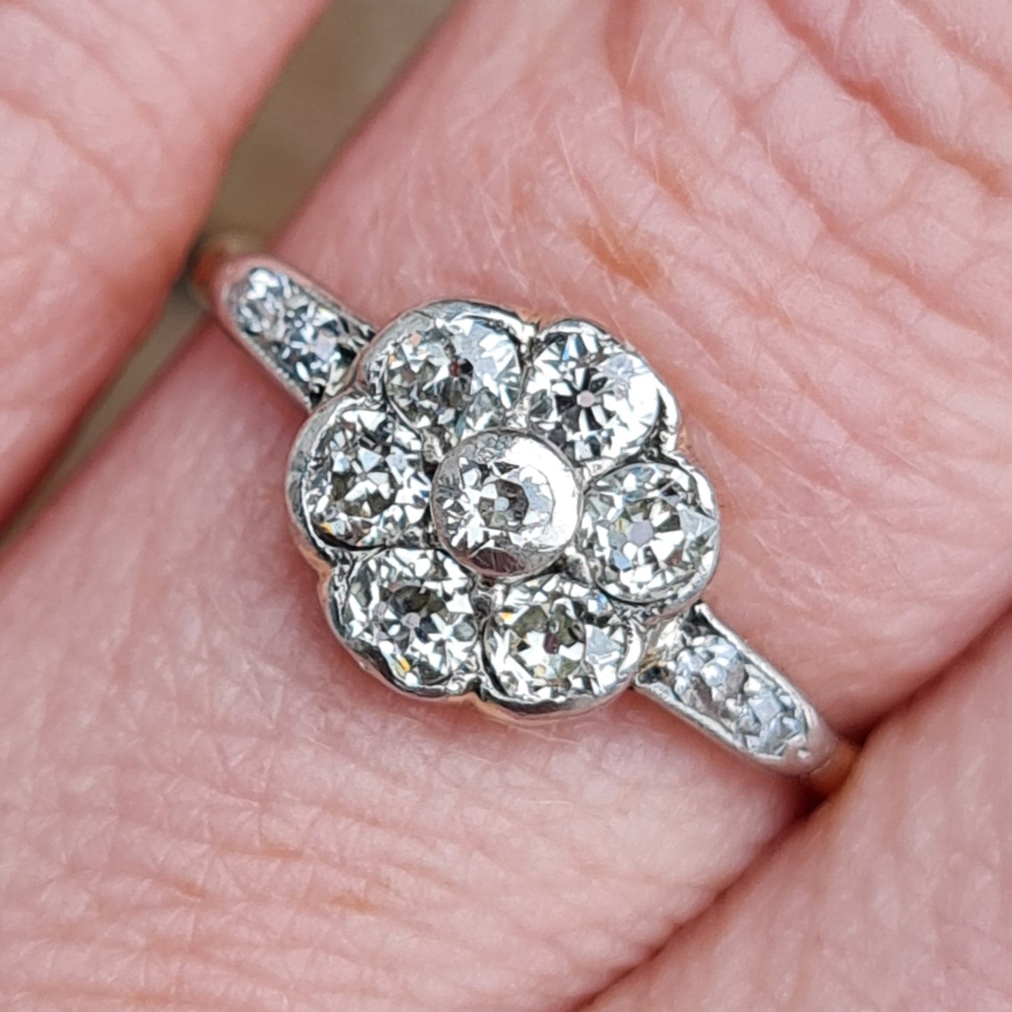 Antique Victorian Solid 18ct 18k Gold Platinum 0.5Ct Old Cut Diamond Daisy Flower Ring Size L