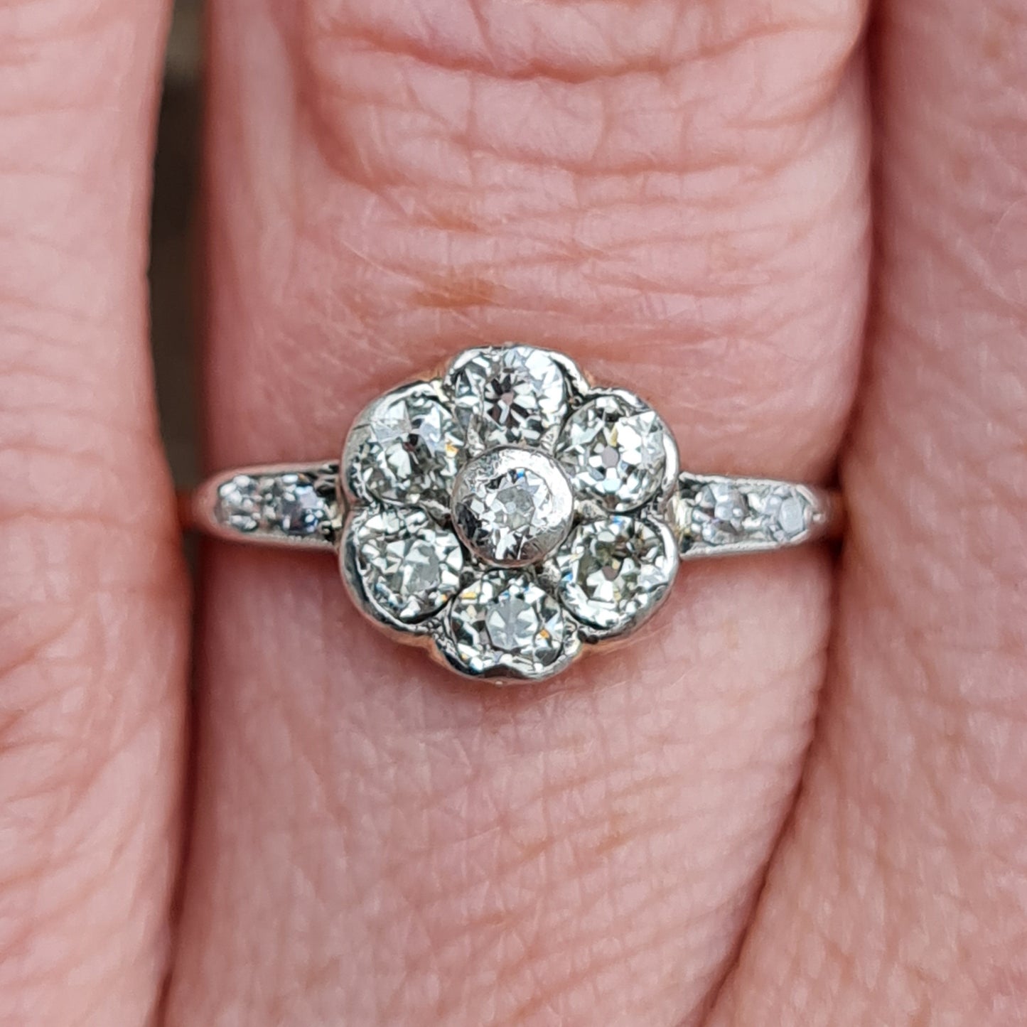 Antique Victorian Solid 18ct 18k Gold Platinum 0.5Ct Old Cut Diamond Daisy Flower Ring Size L