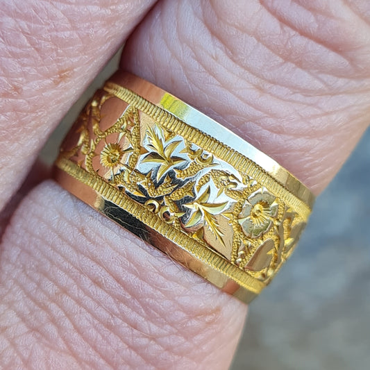 Antique Edwardian 1908 Hallmarked Solid 18ct 18k Gold Floral Ivy Band Ring Size O N Wedding