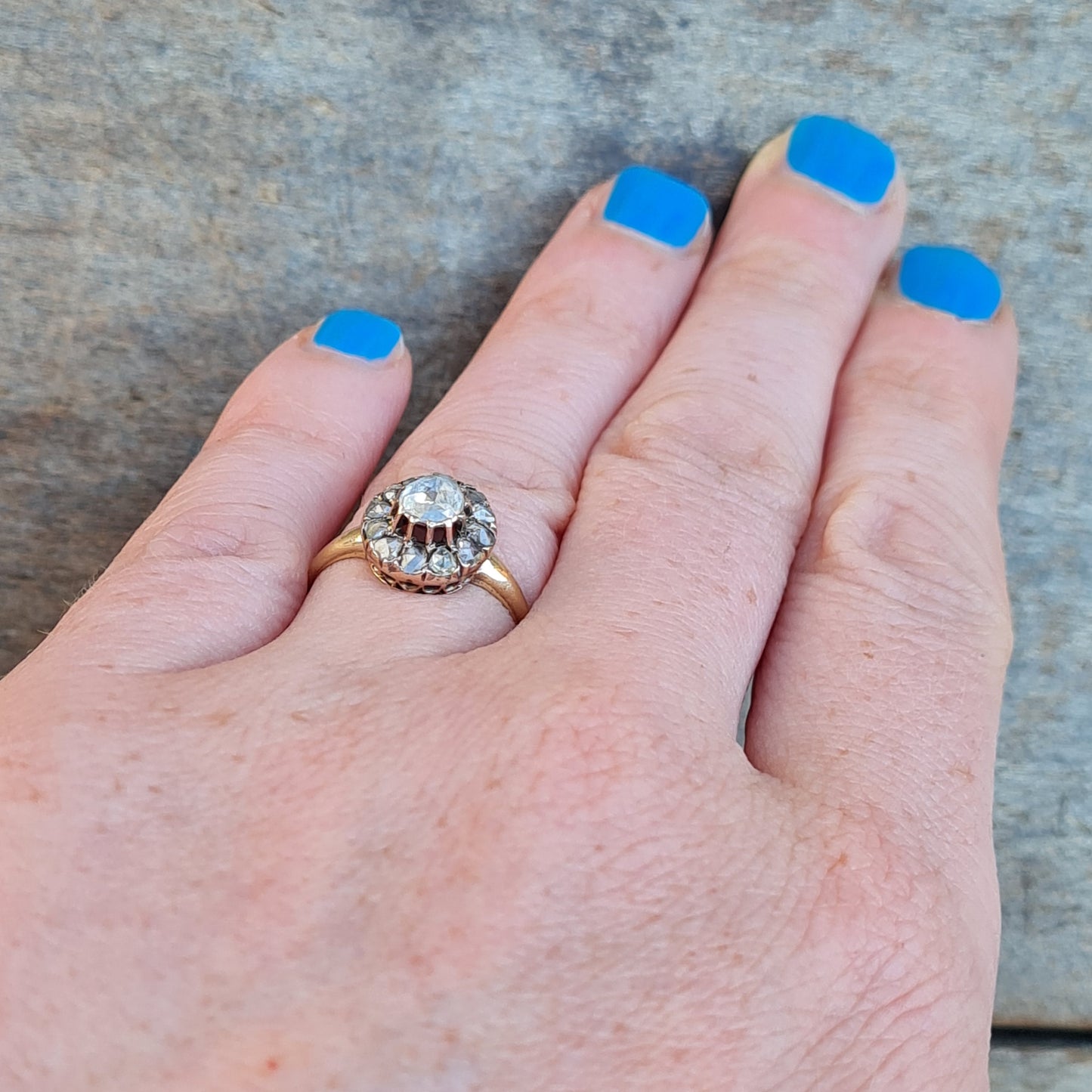 Antique Victorian Solid 18ct 18k Gold 0.7Ct Old Rose Cut Diamond Daisy Cluster Ring Size K