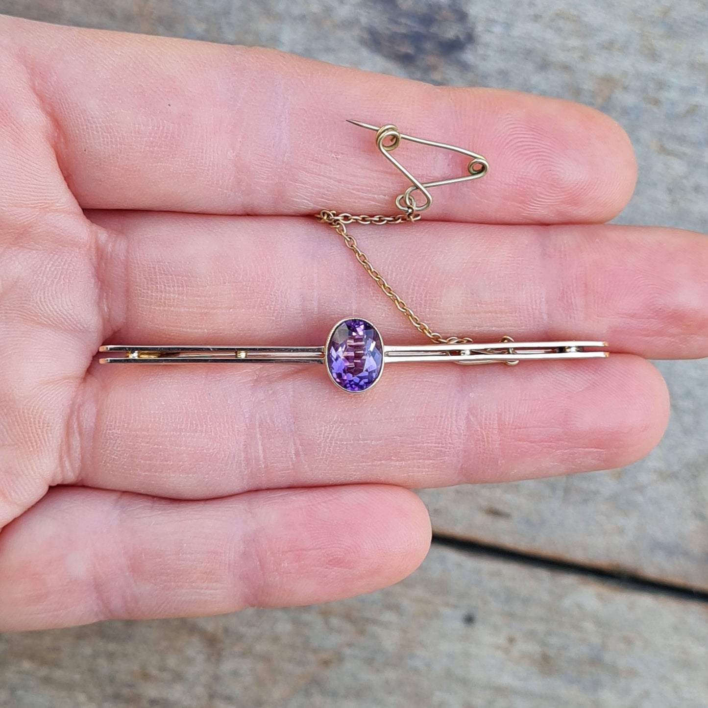 Antique Edwardian Hallmarked Solid 15ct 15k Gold Amethyst Bezel Bar Brooch Safety Pin 18ct 18k