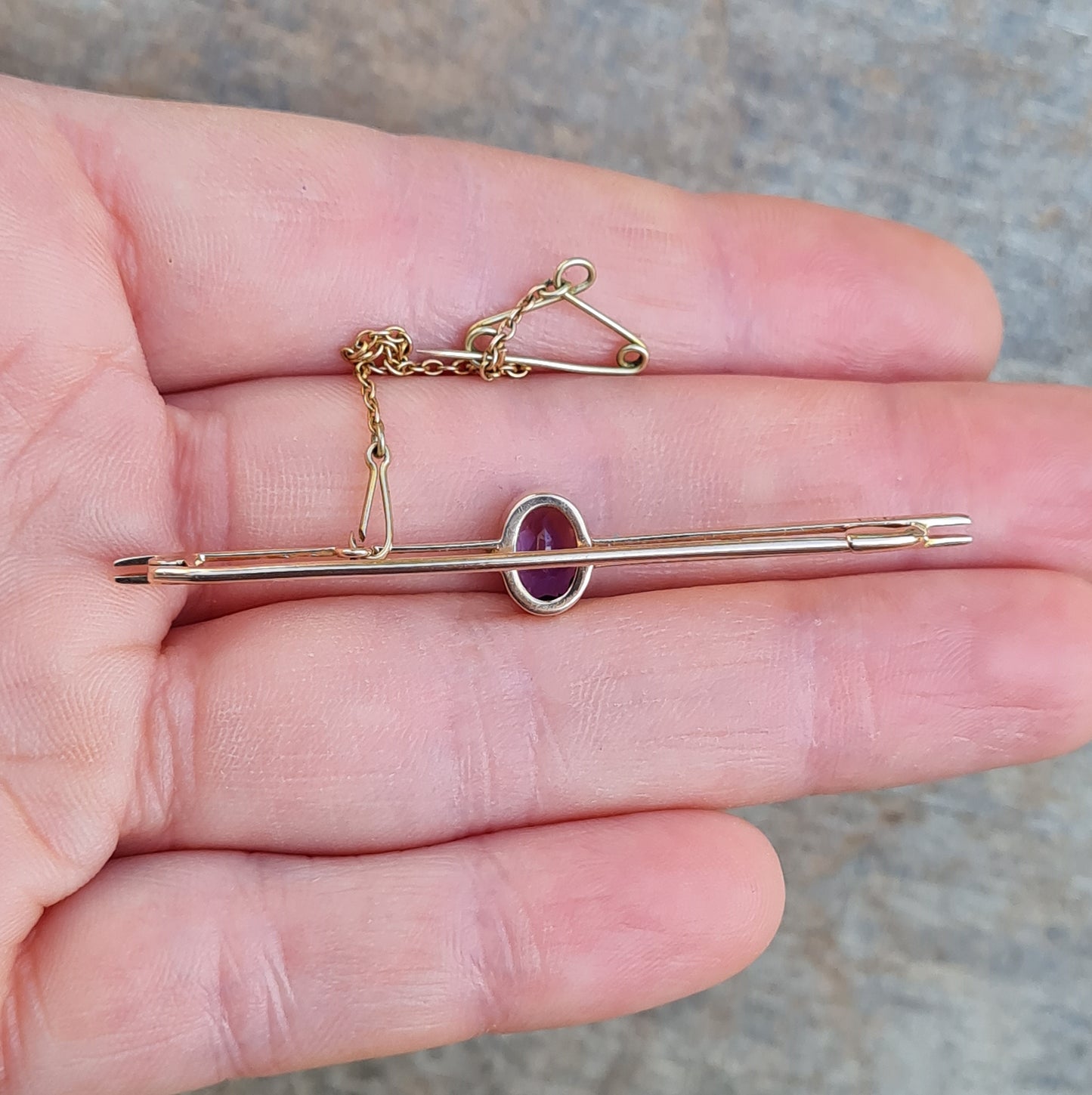 Antique Edwardian Hallmarked Solid 15ct 15k Gold Amethyst Bezel Bar Brooch Safety Pin 18ct 18k