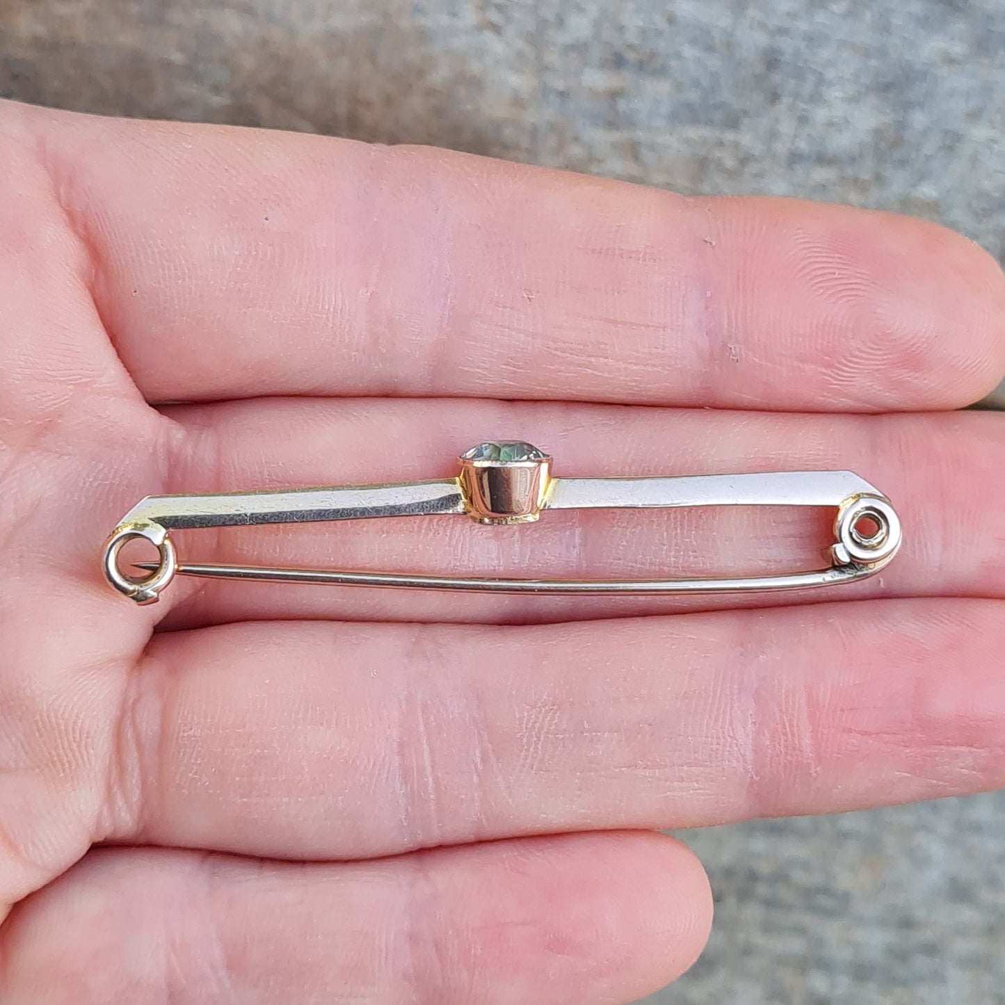 Antique Edwardian Hallmarked Solid 9ct 9k Gold Aquamarine Bezel Bar Brooch Safety Pin