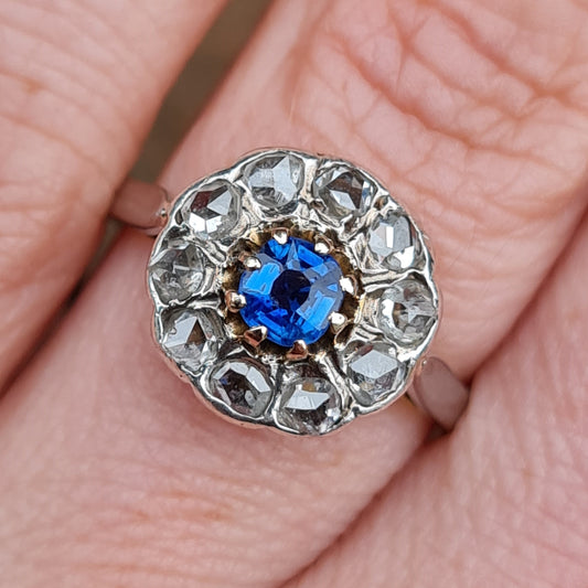 Antique Edwardian Solid 18ct 18k Gold Ceylon Sapphire Rose Cut Diamond Daisy Flower Ring Size L