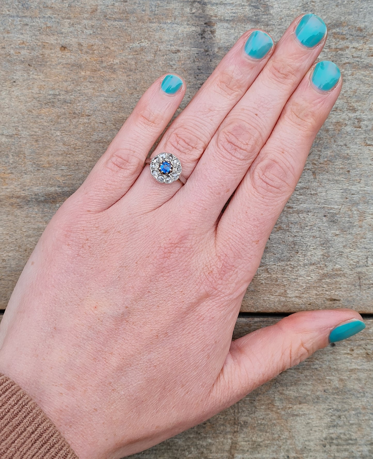 Antique Edwardian Solid 18ct 18k Gold Ceylon Sapphire Rose Cut Diamond Daisy Flower Ring Size L