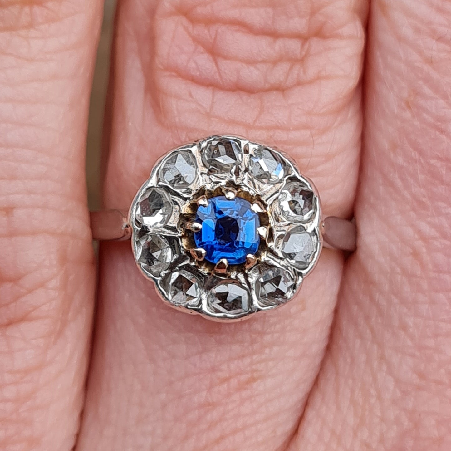 Antique Edwardian Solid 18ct 18k Gold Ceylon Sapphire Rose Cut Diamond Daisy Flower Ring Size L