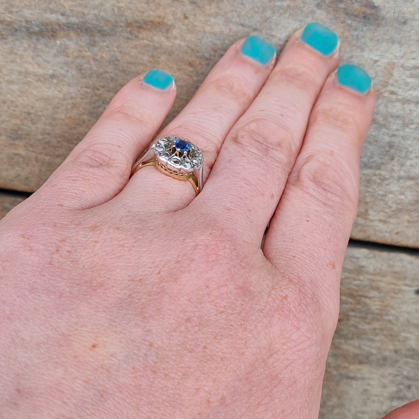 Antique Edwardian Solid 18ct 18k Gold Ceylon Sapphire Rose Cut Diamond Daisy Flower Ring Size L