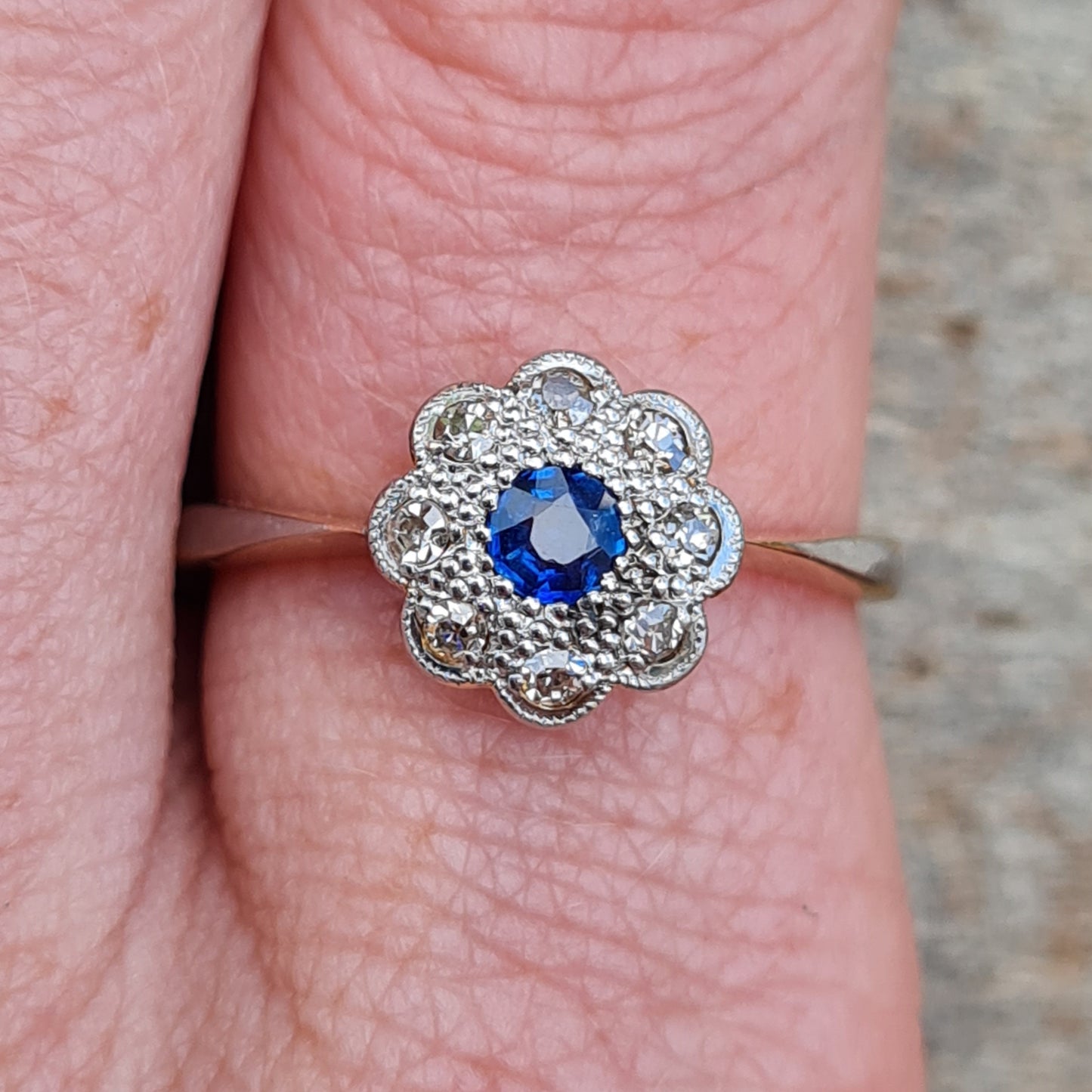 Antique Edwardian Hallmarked Solid 18ct 18k Gold Ink Sapphire Diamond Daisy Ring Size R