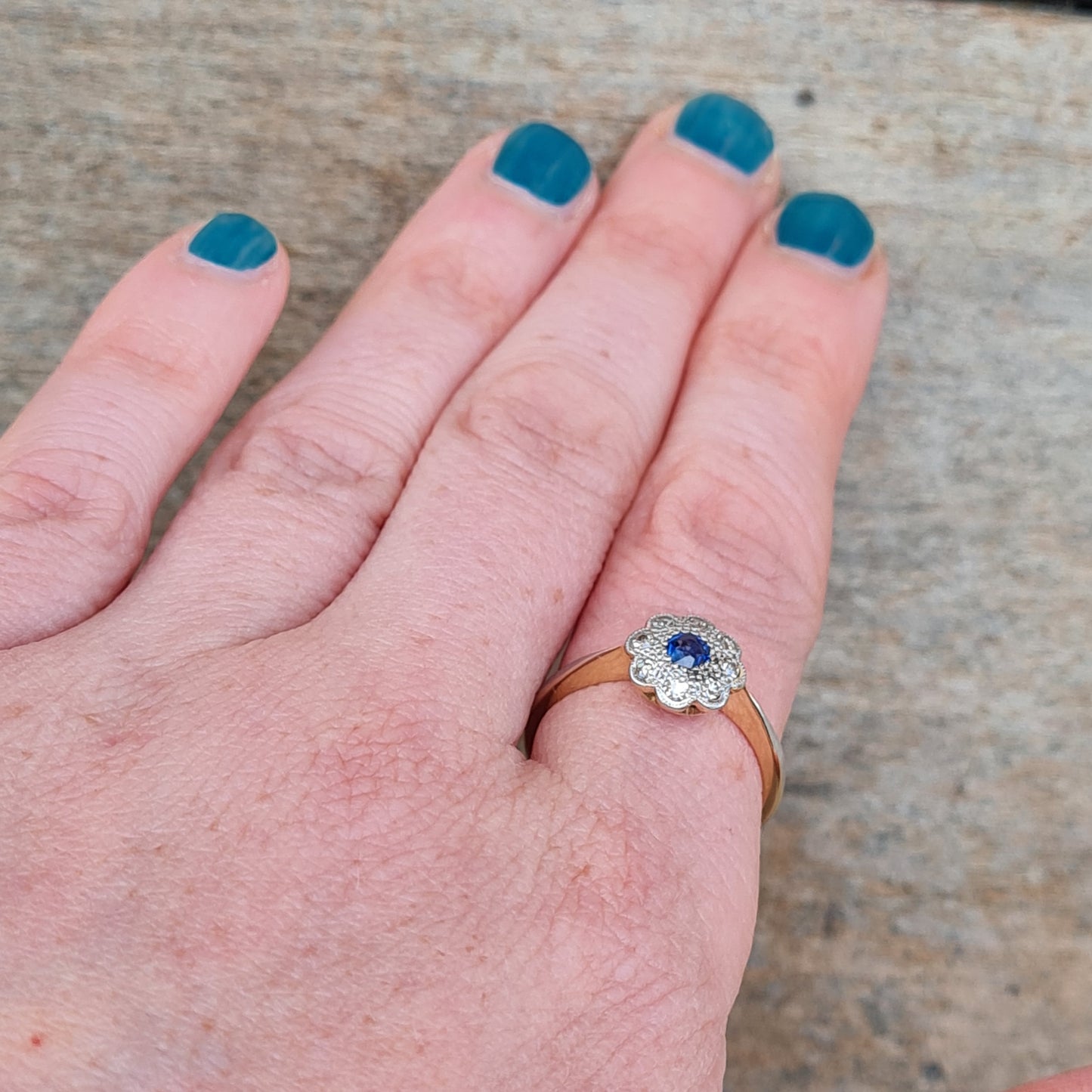 Antique Edwardian Hallmarked Solid 18ct 18k Gold Ink Sapphire Diamond Daisy Ring Size R