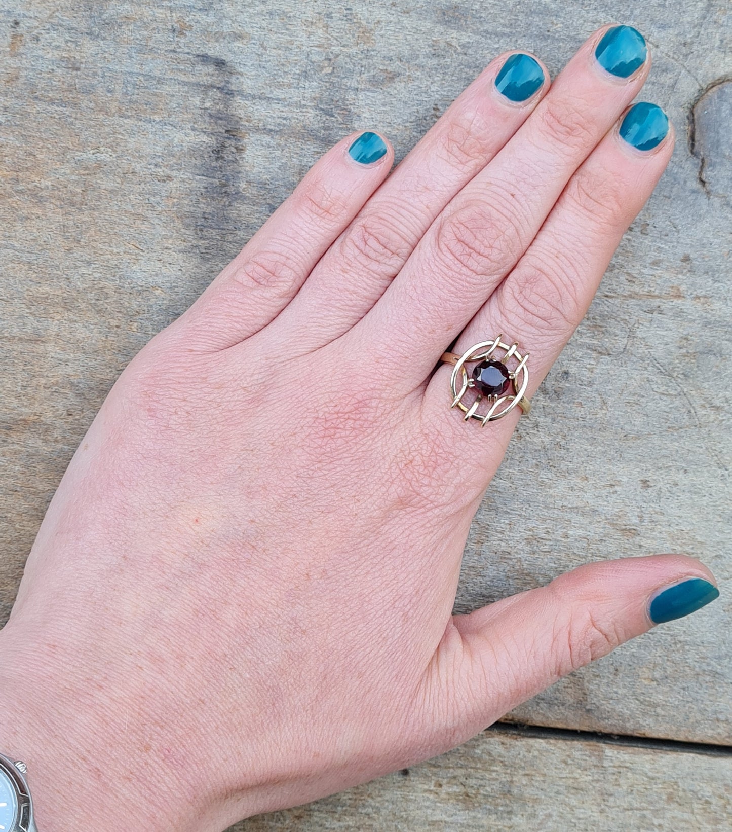 Vintage Antique Art Deco Bespoke Solid 9ct 9k Gold Garnet Caged Target Ring Size R