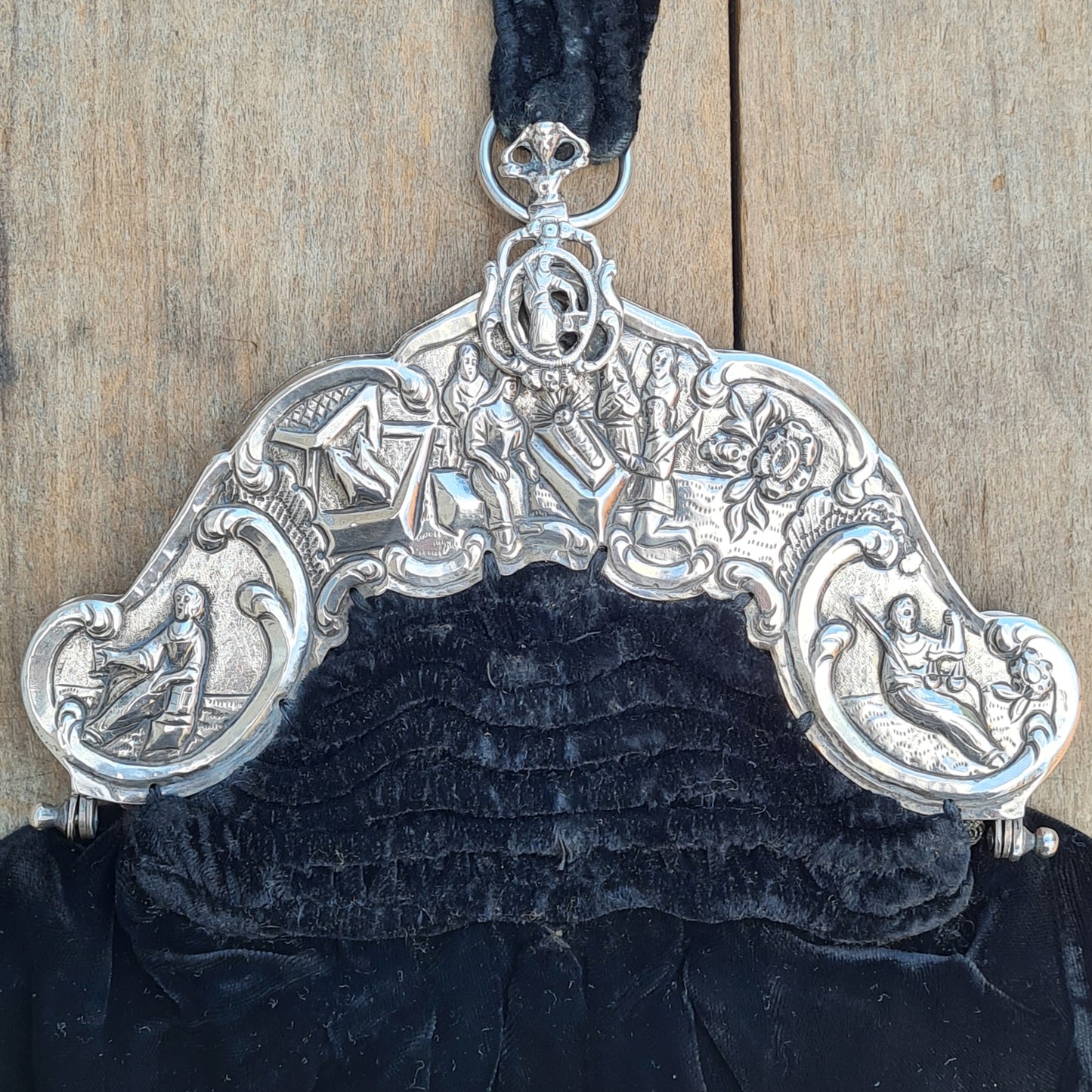 Antique Dutch 1823 Hallmarked Solid Silver Large Religious Black Velvet Frame Hand bag