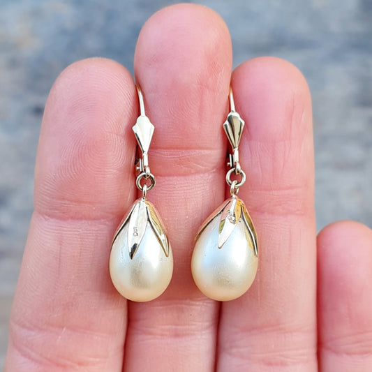 Vintage Hallmarked Solid 9ct 9k Gold Large Faux Pearl Drop Hook Leverback Earrings