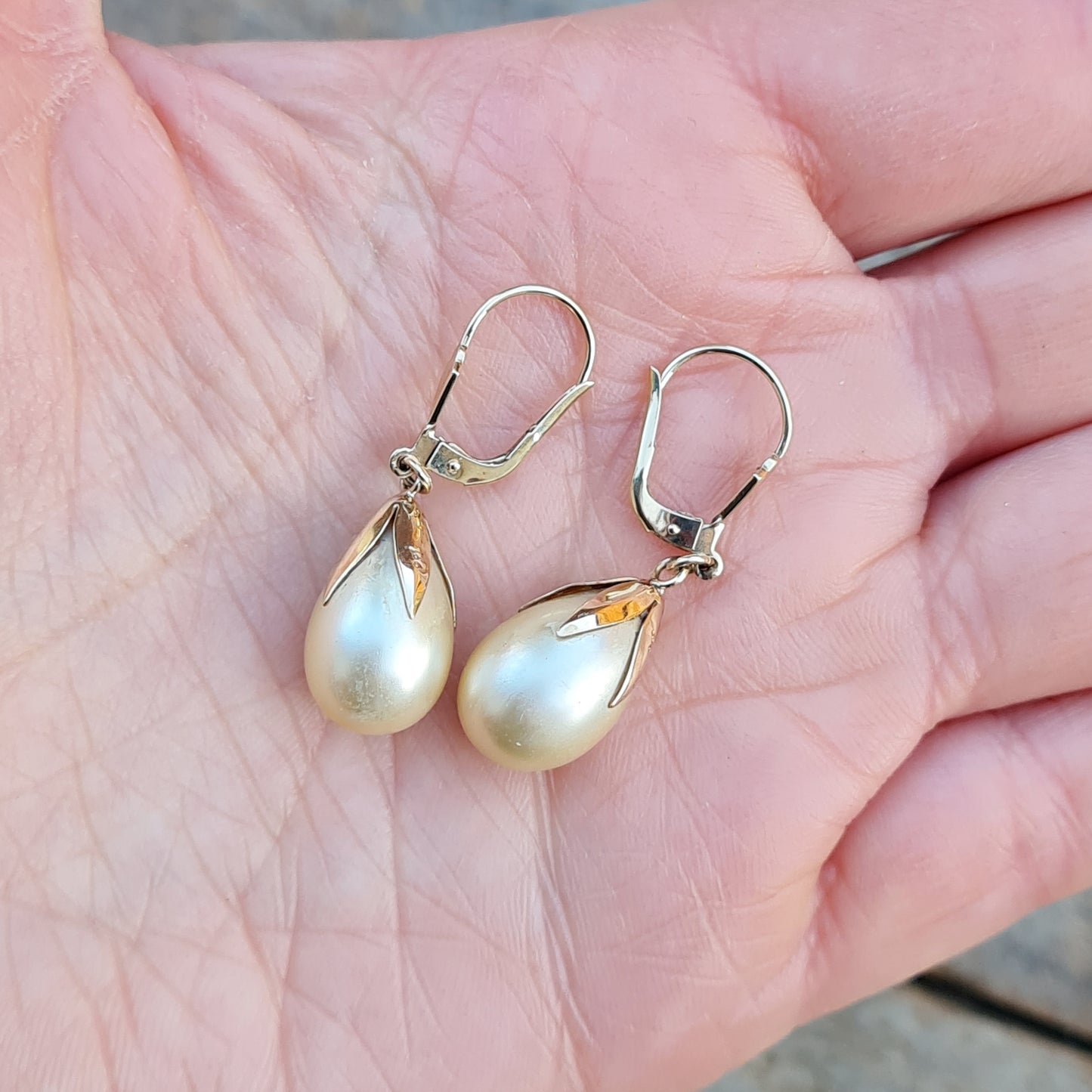 Vintage Hallmarked Solid 9ct 9k Gold Large Faux Pearl Drop Hook Leverback Earrings