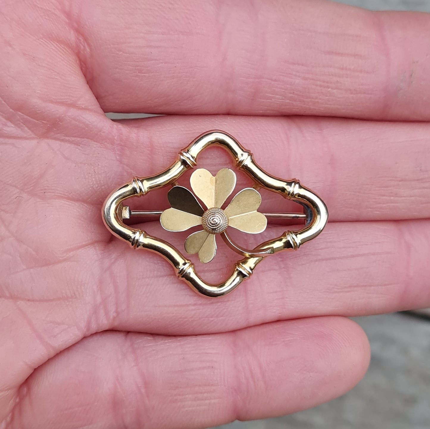 Antique Victorian Hallmarked Solid 15ct 15k Gold Clover Bamboo Brooch