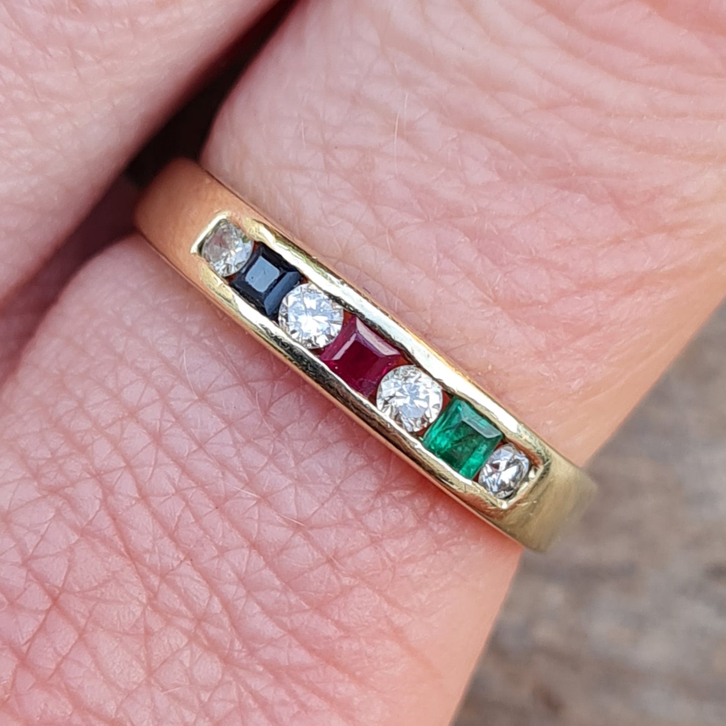 Vintage Solid 14ct 14k Gold Diamond Sapphire Ruby Emerald Half Eternity Ring Size P