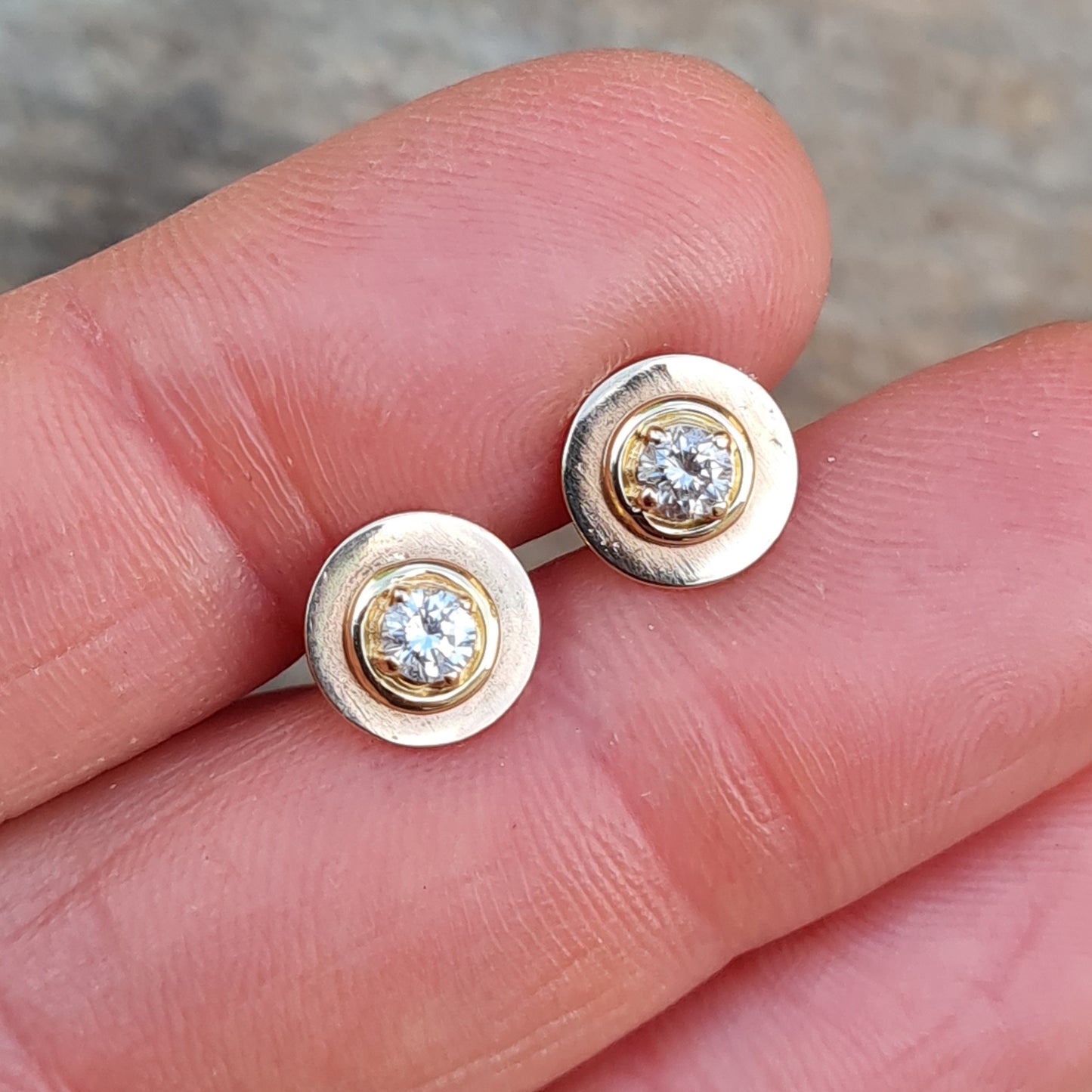 Vintage Hand Made Solid 18ct 18k Gold 0.2Ct Diamond Target Stud Earrings