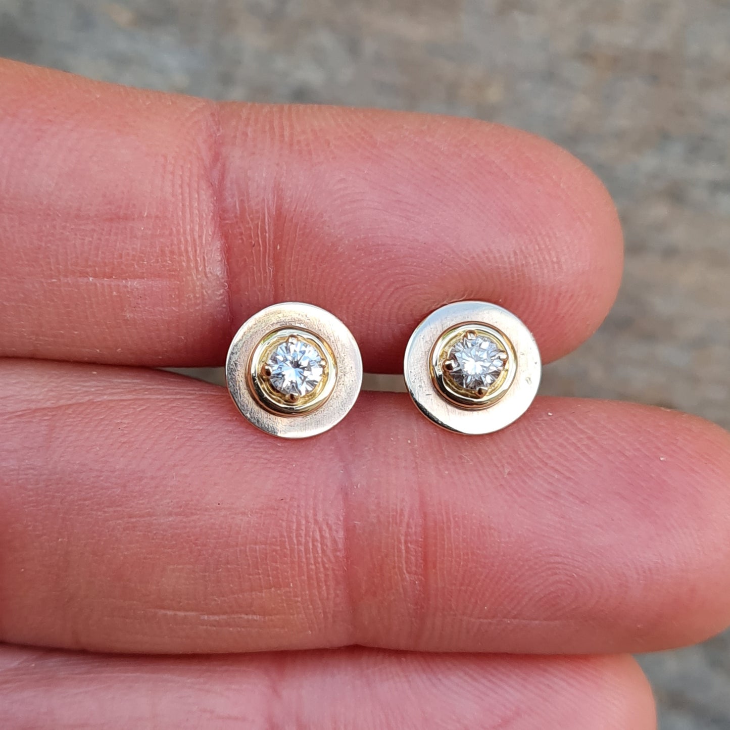 Vintage Hand Made Solid 18ct 18k Gold 0.2Ct Diamond Target Stud Earrings