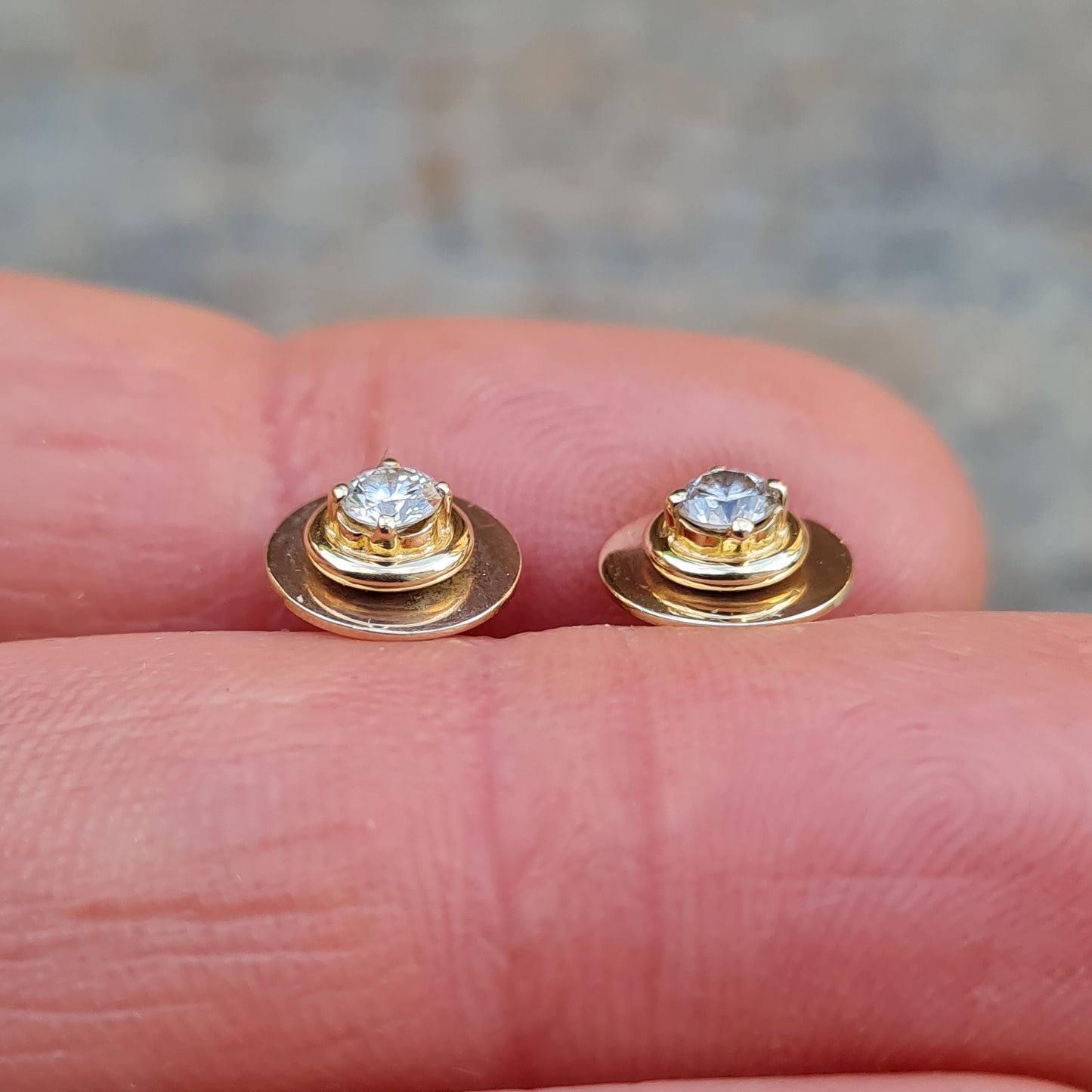 Vintage Hand Made Solid 18ct 18k Gold 0.2Ct Diamond Target Stud Earrings