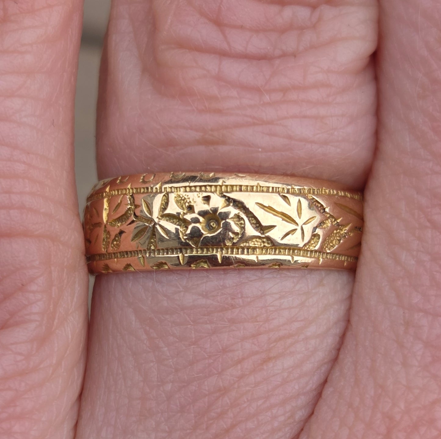 Antique Edwardian 1908 Chester Hallmarked Solid 18ct 18k Gold Floral Ivy Band Ring Size L