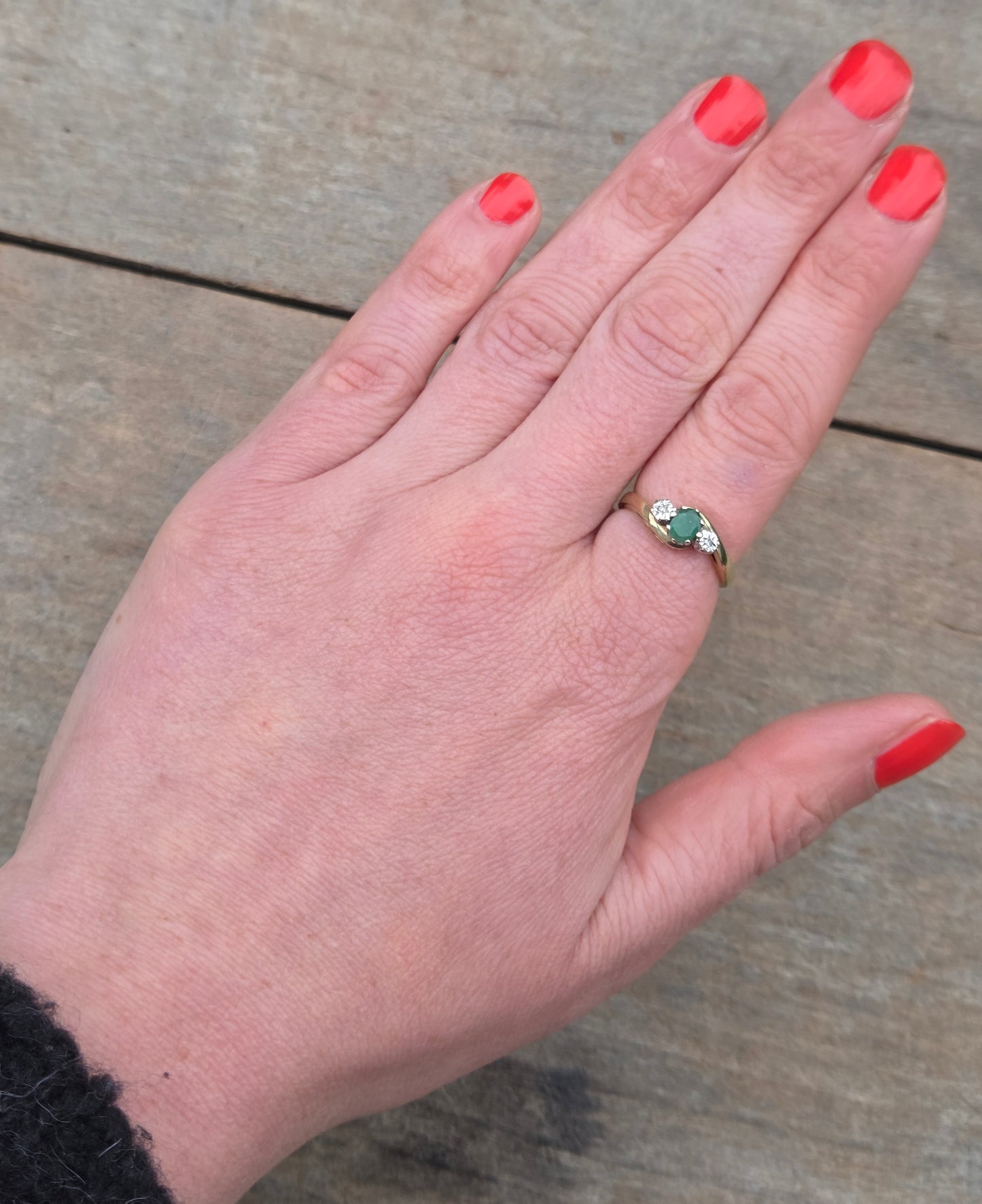 Vintage English Hallmarked Solid 9ct 9k Gold Emerald Diamond Trilogy Ring Size N