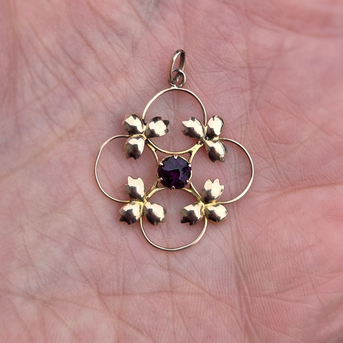 Antique Edwardian English Hallmarked Solid 9ct Rose Gold Amethyst Lavalier Pendant
